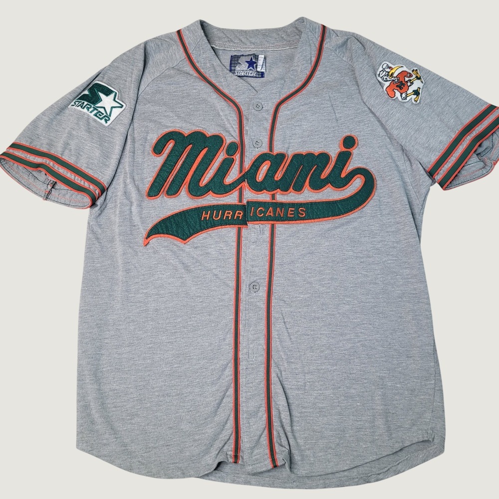 VTG 90s Starter Miami Hurricanes Jersey Large Tailsweep Script Spellout READ